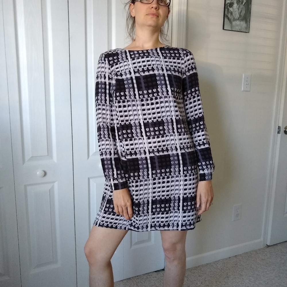 THAKOON black gray polka dot plaid shift mini dress